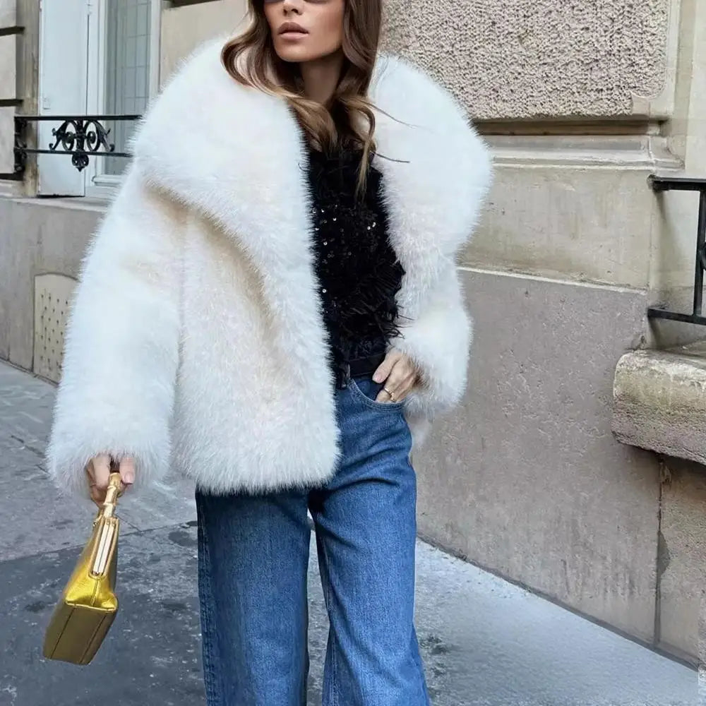 Abrigo de pelo sintetico marron casual para mujer