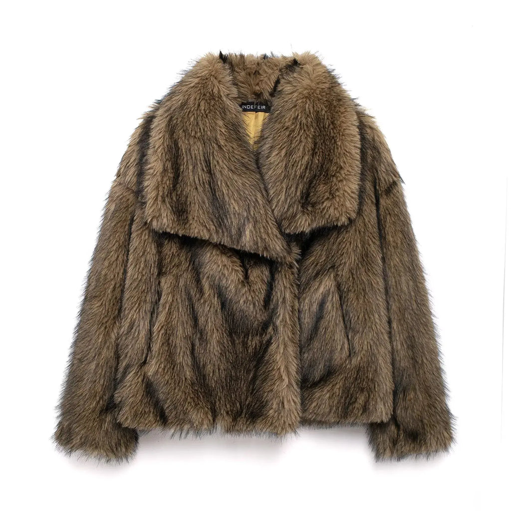 Abrigo de pelo sintetico marron casual para mujer